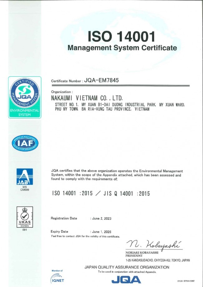 Nakaumi Vietnam Company has achieved ISO 14001:2015 certification